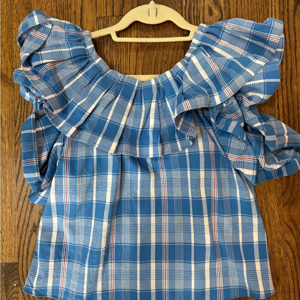 Misa Los Angeles Blue and White Plaid Ruffle Blouse